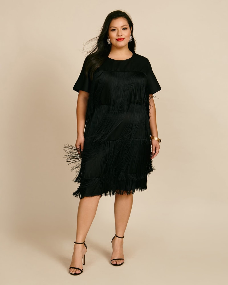 Front of a model wearing a size UK 18 Fringe Dress in Black by MIMINE AG. | dia_product_style_image_id:226796